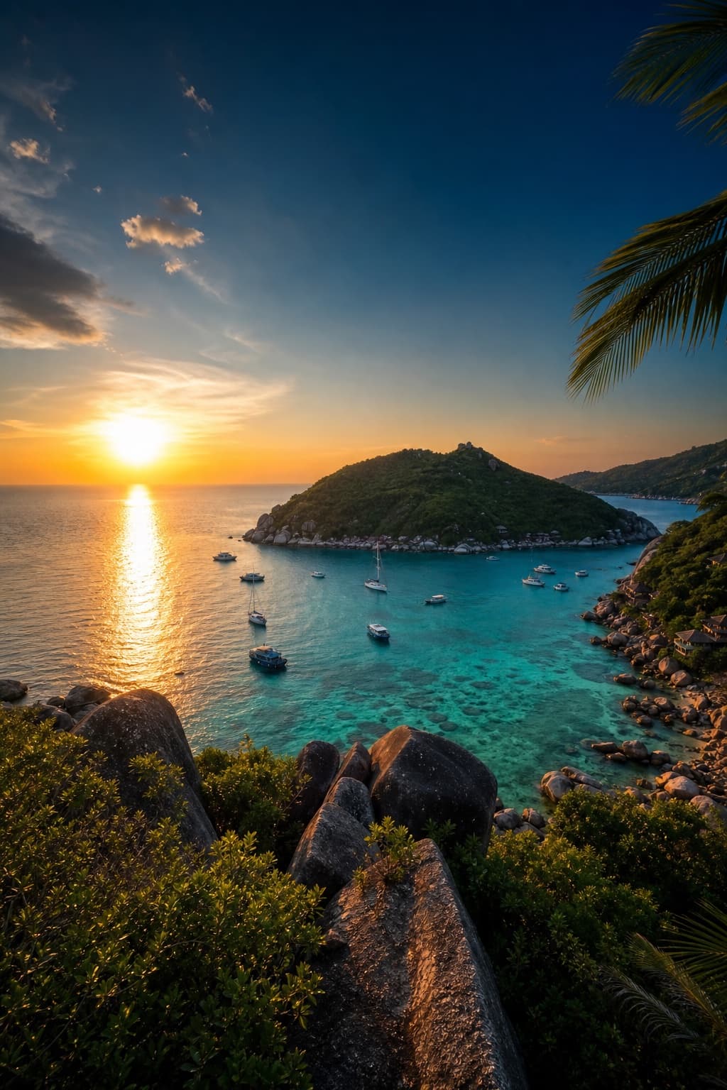 Sunset over a turquoise bay in Koh Tao, Thailand